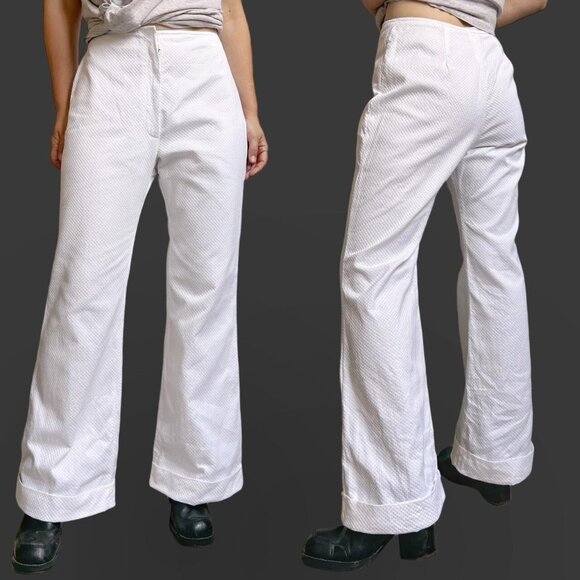 70s Vintage Highwaisted White Flare Trousers Pants Cuffed Textured Hippy Mod. - Picture 2 of 8